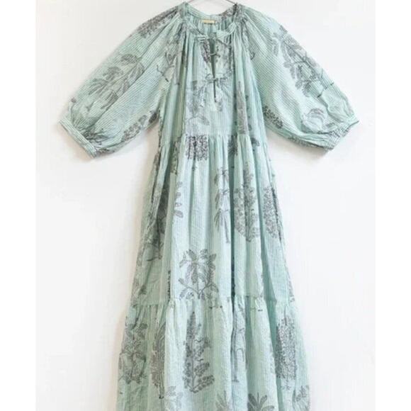 Matta Dresses & Skirts - MATTA Sz S Small Aqua Stripe Short Elbow Sleeve Midi Dress Cotton Katia Trees